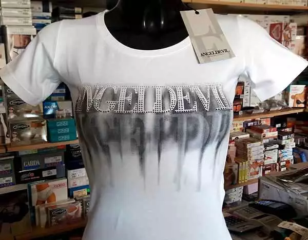 T-shirt maglia donna Angel Devil girocollo con stampa logo e strass art TD401B