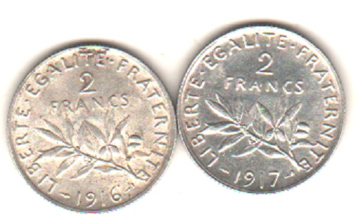 lot de 2 pièces de 2 francs semeuse en argent SUP/SPL
