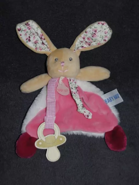 Doudou Plat Lapin Rose Blanc Fleur BABYNAT BABY'NAT BN610 Poupi Attache Tétine