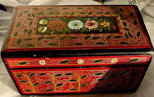 Handmade Carved Painted South American Pine Wood Trinket Box