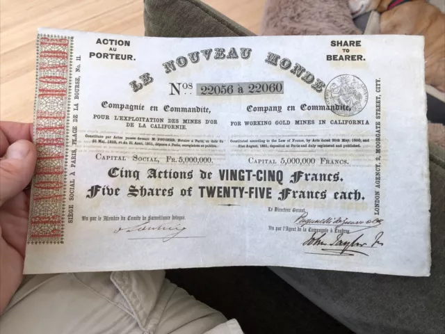 Rare 1850’s Le Nouveau Monde French STOCK CERTIFICATE For Gold In California