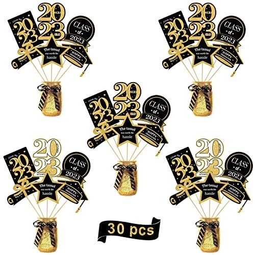 Graduation Decorations 2023-30 Pack Black and Gold Grad Centerpiece Sticks - ...