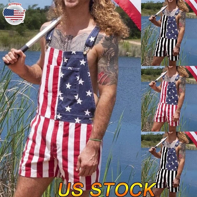 Men's American Flag Print Suspender Jumpsuit Bib Pants Casual Shorts Overalls US