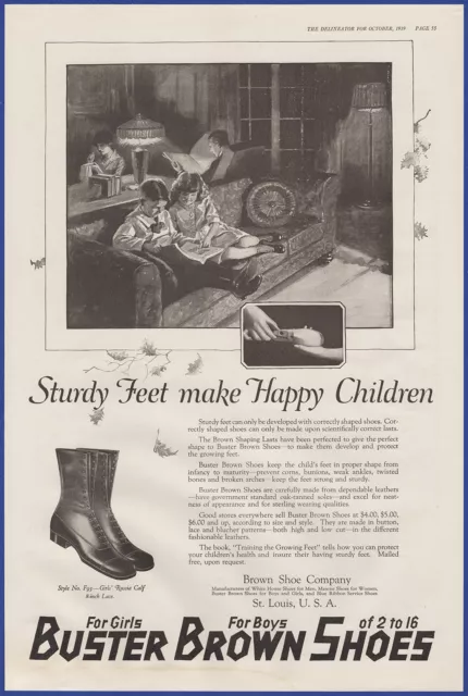 Vintage 1919 BUSTER BROWN Shoes Children's Fashion Ephemera Art Décor Print Ad