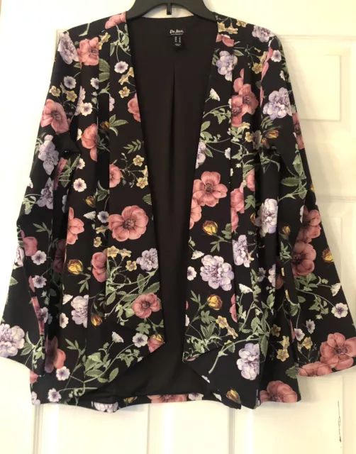 Du Jour Floral Printed Long Sleeve Open Front Blazer Black Floral, Size Small