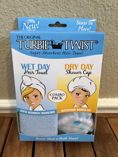 The Original Turbie Twist Blue Hair Towel Combo Pack  Wet Day/Dry Day Shower Cap