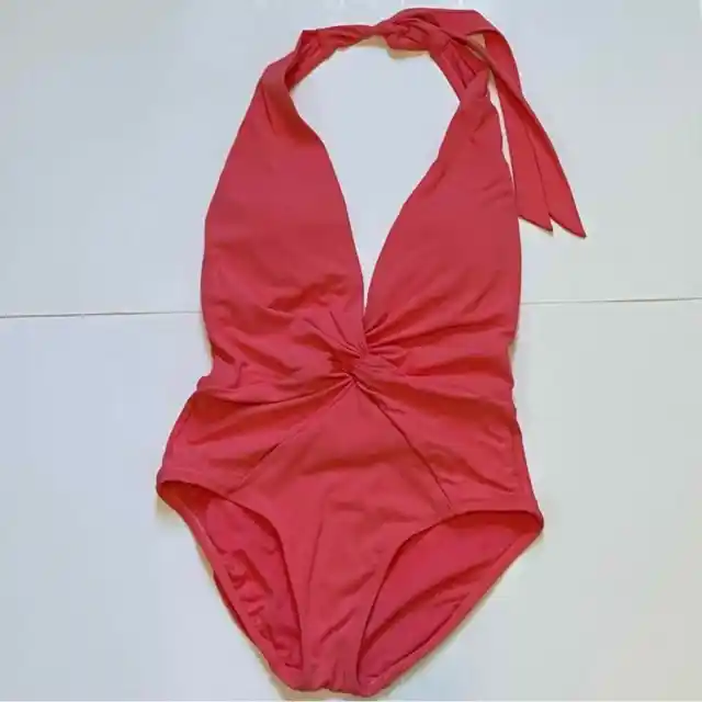 Robin Piccone Olivia Plunge Halter One Piece Swimsuit Size 6 Coral Pink