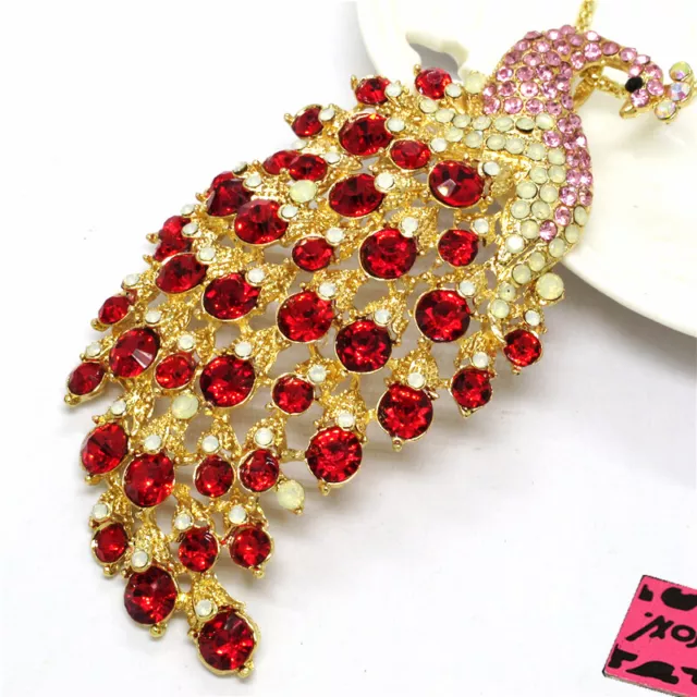 Betsey Johnson Red Rhinestone Cute Peacock Crystal Pendant Chain Necklace 3