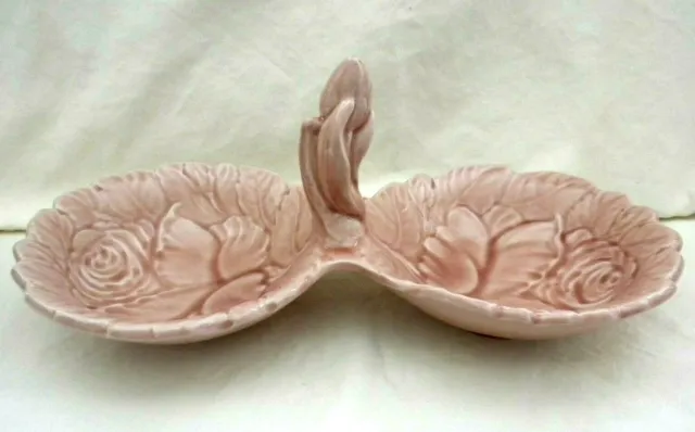Signed Zaccagnini Italy Pink Rose Divided Bowl w/Rose Bud Handle Table Decor s22