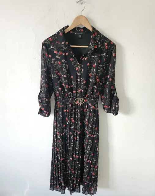 Mela London Black Floral Pleat Midi Shirt Dress Size 14