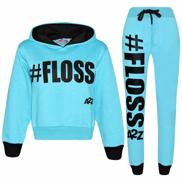 Kids Girls Tracksuit Designer #Floss Hooded Crop Top Bottom Jog Suit 5-13 Years