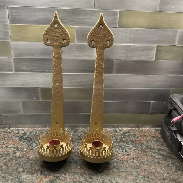 Beautiful Pair of spade shaped 11.5 metal candle stick holders wall mounted 2