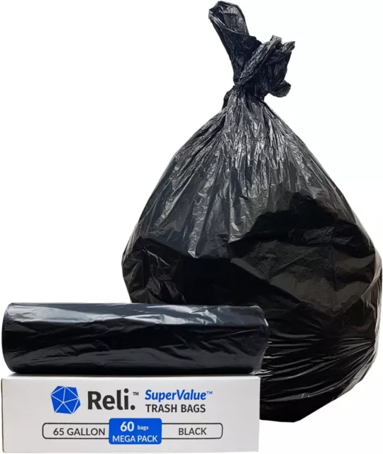 Reli. SuperValue 65 Gallon Trash Bags | 60 Count 1 (Pack of 60), Black