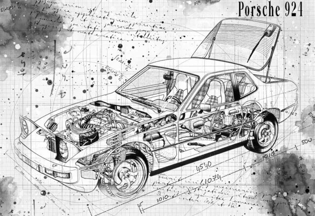 Line Tech Drawing  Porsche 924   Cutaway Art Poster Print