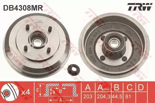 TRW Rear Brake Drum (With Bearing & ABS Ring) for Mazda 2 1.2 Apr 2003-Apr 2007