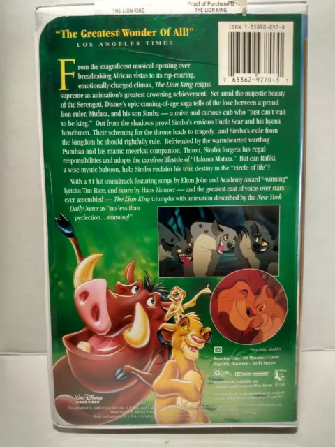 Le Roi Lion A Walt Disney Chef-d'œuvre VHS à collectionner rare PRIX RÉDUIT 2