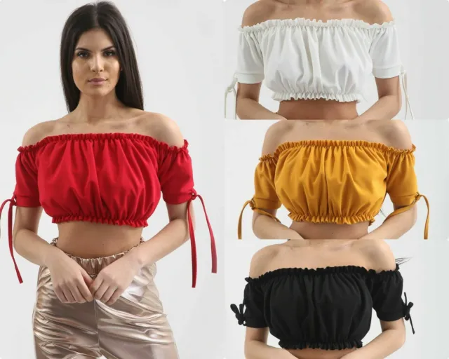 Womans Ladies Ruched Bardot Gypsy Off Shoulder Crop Top Holiday Tube Ruffle top