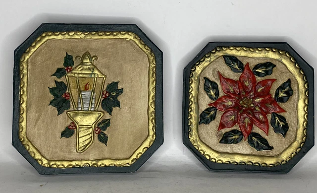 Vintage Christmas Wall Decor 2 Plaques Holiday Poinsettia Lantern
