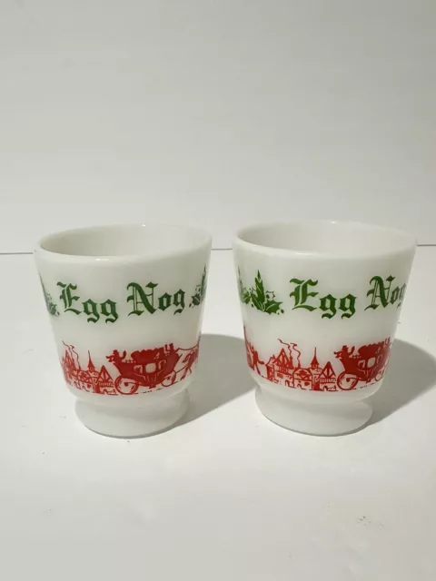 Vintage Hazel Atlas Christmas Egg Nog Mug Milk Glass Set Of 2