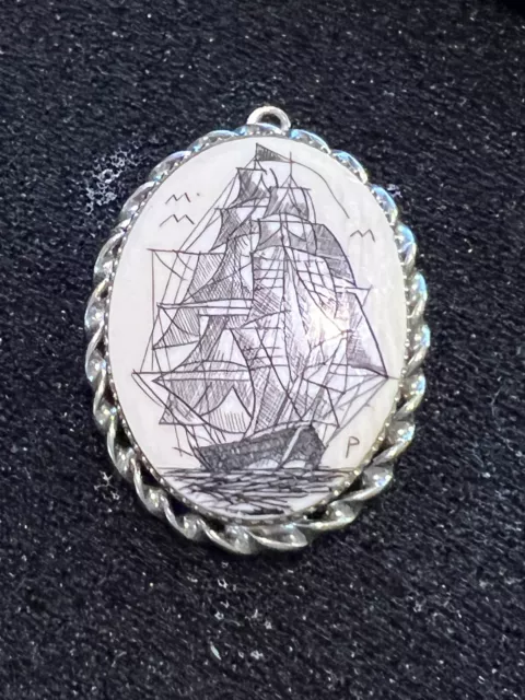 Scrimshaw Schooner Clipper Ship Pin/pendant