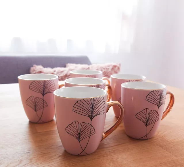 6 x Tasse Kaffeetasse rosa Gold Henkel Ginkgo Blume Asia Design Japan Depot