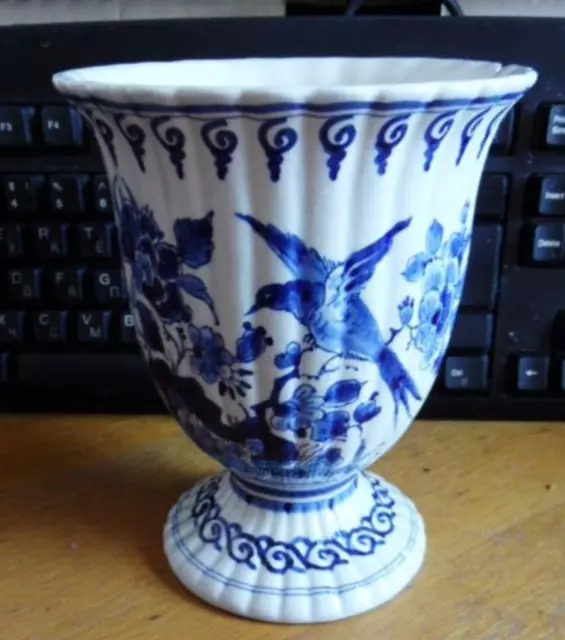 Vintage Delft Ceramic Blue And White Pottery Footed Vase Flowers Peony Bird