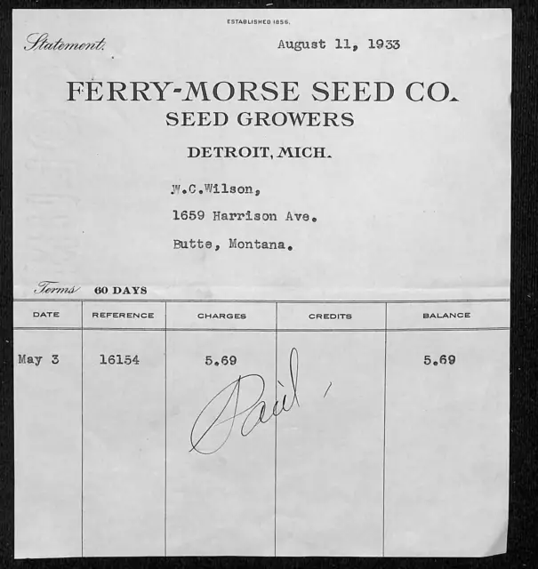 Vintage Ferry-Morse Seed Co. Billhead Letterhead Detroit, Michigan 1933