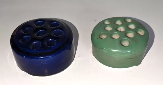 Lot Vintage Art Pottery Flower Frogs Green Cobalt Blue Czechoslovakia Japan