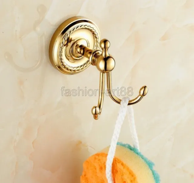 Gold Brass Double Robe Hook Towel Holder Bathroom Brass Wall Door Mounted fba606