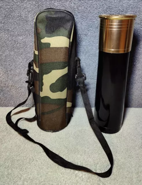 20 Gauge brass top Shotgun Shell Metal Insulated coffee thermos in Cameo bag.