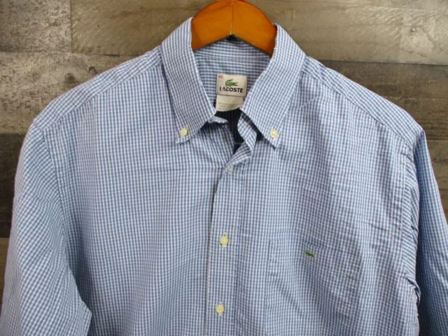 Lacoste Dress Shirt Mens 42 Large Blue Gingham Check Button Down Casual Flaws