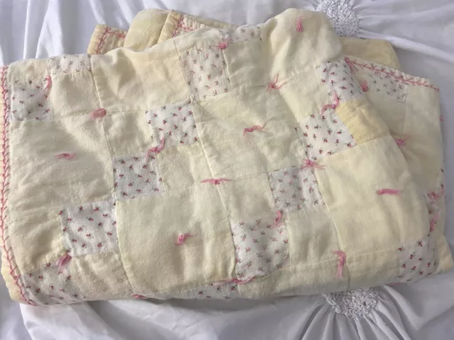 Vintage Handmade and Hand Quilted - Homemade Quilt 48”x32” Yellow Pink
