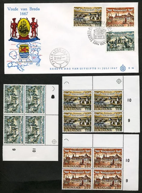 Stamps of Suriname Treaty of Breda Corner Blocks of 4 plus FDC