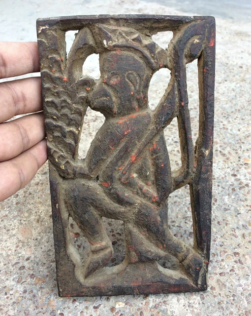 Ancien Vintage Rare Fait à la Main Beau Lord Hanuman en Bois Porte Panneau W486