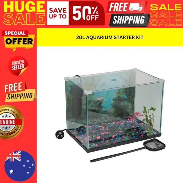 20 Litre Fish Aquarium Tank Starter Kit Pack With Accessories And Glass Fish Net