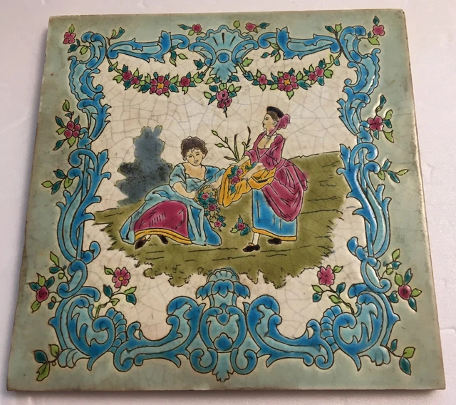 Rokoko Comtesses with Roses Emaux GIEN Art Nouveau Tile Fliese Jugendstil Tegel 3