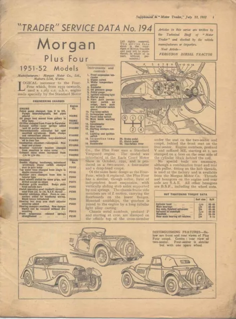 Morgan Plus Four 1951-52 Models Motor Trader Service Data No. 194 1952