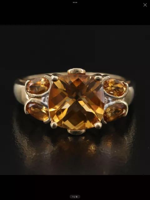 estate 10k yellow gold Citrine Natural Diamond cocktail statement ring