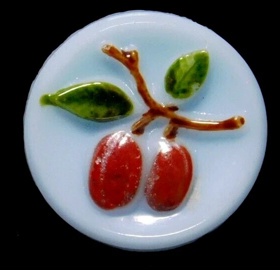 Small Ice Blue Antique Vtg Glass BUTTON w Enamel Cherries NICE #J1