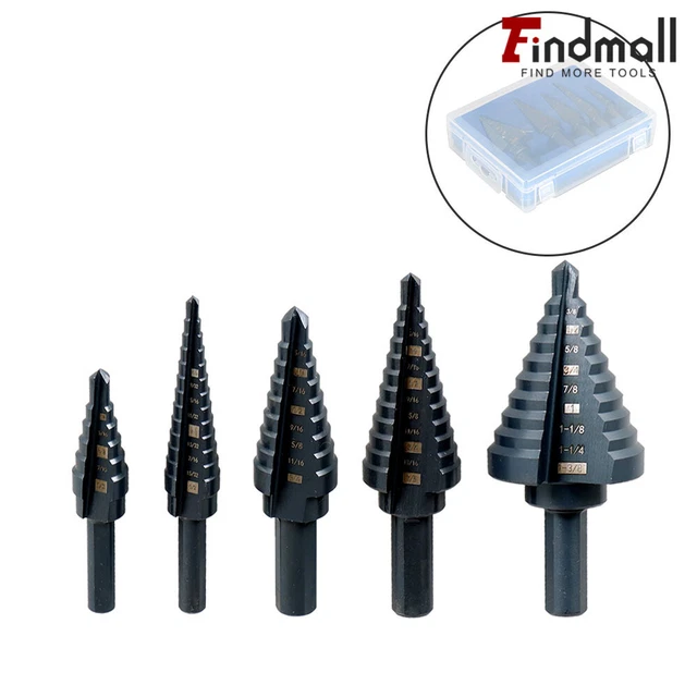 Findmall 5PC Step drill 8 inch high speed steel M2 porous 50 size in 1/8-1-3 SAE 2