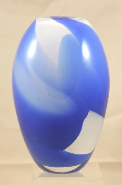 White, Blue Under Clear Layered Studio Art Glass Ovoid Vase. James V Shumate '83