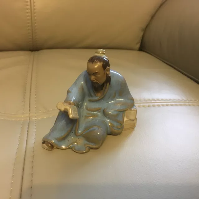 Chinese Shiwan Mud man Bonsai Figurine With Book