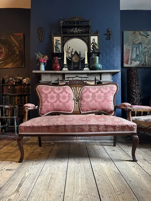 Antique Edwardian Two Seater Sofa Settee- Distressed Seat fabric, a/f