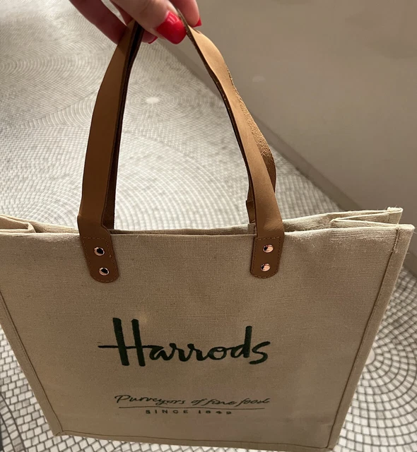 HARRODS SHOPPING BAG Embroidered Jute Shopper Bag used 12.99