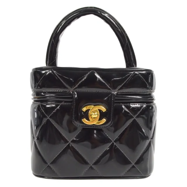 CHANEL HEART MIRROR Vanity Handbag Purse Black Patent Leather