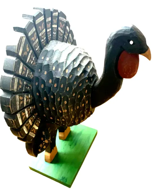 Hand Carved Wooden Turkey 16 Inches Primitive Folk Art Thanksgiving Hand Painted