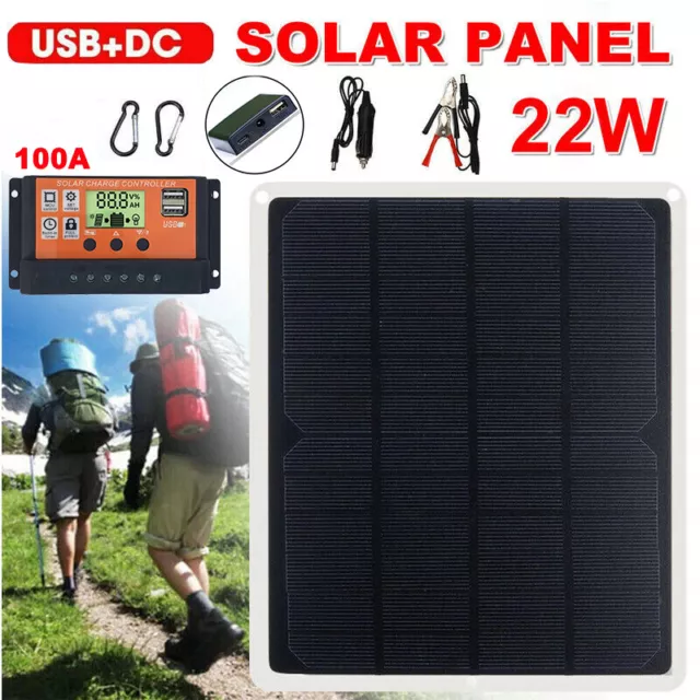 22W Solar Panel Kit Trickle Charger Battery Controller Maintainer Boat RV Car