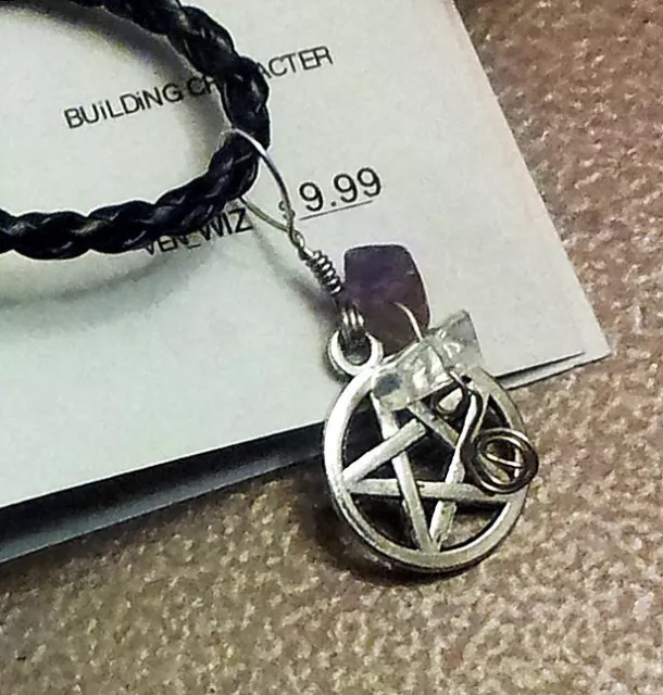 Pentacle and crystal necklace, Amulet PENTAGRAM Wicca Pagan Druid Gothic w/ info