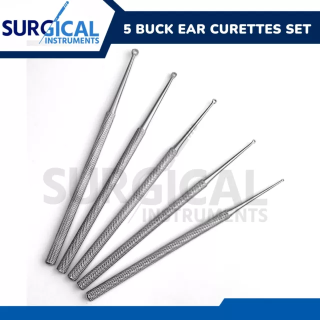 5 Buck Ear Curette Set Surgical Medical Veterinary Sharp Point Angled German Gr