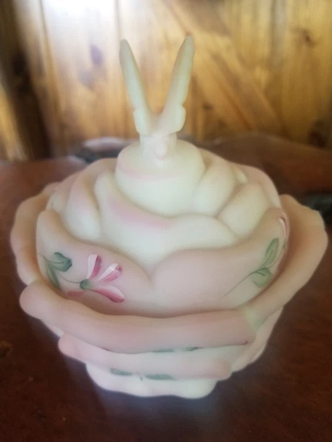 Fenton Burmese Hand Painted Butterfly Floral Dish with Lid